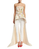 Strapless Embroidered Peplum Top w/ Train, Cream/Multi