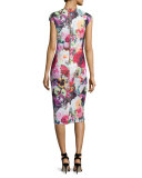 Odeela Floral-Swirl Midi Sheath Dress, Fuchsia