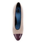 Suede Cap-Toe 105mm V-Neck Pump, Gray/Aubergine