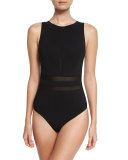 Mesh-Insert High-Neck One-Piece Swimsuit, Black