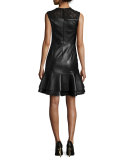 Sleeveless Leather Ruffle-Hem Dress, Black