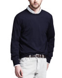 Fine-Gauge Knit Elbow-Patch Sweater, Navy