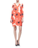 Long-Sleeve Oversize-Floral Shift Dress, Red/Multi