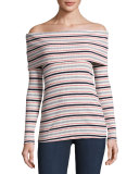 Ribbed Off-the-Shoulder Striped Long-Sleeve Top, Multicolor