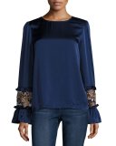 Long-Sleeve Silk Satin Blouse, Navy