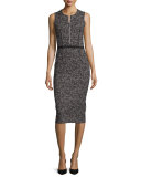 Sleeveless Tweed Zip-Front Sheath Dress, Black