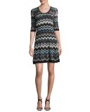 Half-Sleeve Lurex® Zigzag Dress, Black