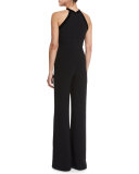 Molly Velvet-Trim Wide-Leg Jumpsuit, Black