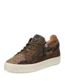 Men's Camo Woven Leather & Suede Low-Top Sneaker, Olive