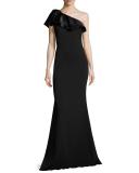 One-Shoulder Ruffle Mermaid Gown, Black