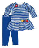 Long-Sleeve Striped Dress w/ Leggings, Royal/White, Size 2-6X
