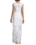 Sleeveless Grid-Print Column Gown, White