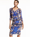 3/4-Sleeve Ruched Floral-Print Sheath Dress, Multi