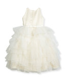 Satin & Tiered Tulle Special Occasion Dress, Ivory, Size 2-10