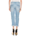 Roll-Cuff Boyfriend Moto Jeans, Light Blue