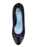 Nubuck Cap-Toe Wedge Pump, Dark Blue/Black