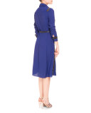 Studded Long-Sleeve Belted Shirtdress, Royal Blue