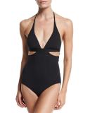 Active Cutout Halter Maillot, Black
