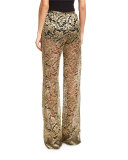 Metallic Lace Flare-Leg Pants, Gold