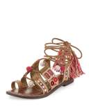 Gretchen Embroidered Lace-Up Flat Sandal, Camel/Pink