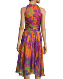 Sleeveless Floral-Print Silk Dress, Violet