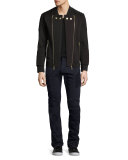 Slim-Straight Stretch-Denim Moto Jeans, Navy