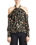 Floral Cold-Shoulder Halter Blouse, Black/Multi