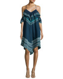 Deirdre Printed Cold-Shoulder Handkerchief-Hem Dress, Blue