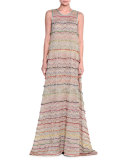 Sleeveless Tiered-Ruffle A-Line Gown, Beige/Multi
