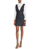 Belted Frayed-Hem Denim Pinafore Dress, Indigo