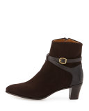 Suede Ankle-Strap Bootie, Dark Brown