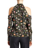 Floral Cold-Shoulder Halter Blouse, Black/Multi