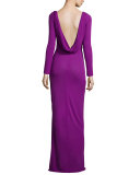 Long-Sleeve Ruched-Waist Gown, Orchid