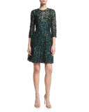 3/4-Sleeve Sequin-Embellished Cocktail Dress, Bottle