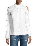 Pearly-Button Tie-Sleeve Oxford Shirt, White