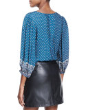 Rinjani Printed Split-Neck Top, Deep Marine