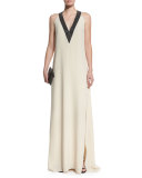 V-Neck Silk-Crepe Halter Gown, Butter