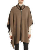 Long Leather-Trim Stretch-Wool Poncho