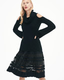 Frances Pleated Lace-Paneled A-Line Skirt, Black