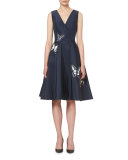 Butterfly-Appliqué Sleeveless Cocktail Dress, Navy