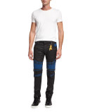 Racer Contrast-Panel Coated Moto Jeans, Black