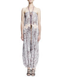 Strapless Paisley-Print Harem-Pant Jumpsuit, Lilac/Brown