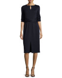 3/4-Sleeve Wool Dress w/ Faux-Wrap Waist, Plus Size