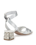 Metallic Leather Jewel-Heel Sandal, Silver (Argento)