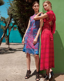 Pinstripe Cap-Sleeve Maxi Dress, Magenta/Blue