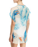Eze Feather-Print Dolman Silk Coverup, Neutral/Blue