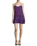 Silk 2-in-1 Houndstooth Flounce Dress, Cobalt/Multicolor