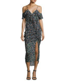 Ruched Floral Silk Cold-Shoulder Midi Dress, Black