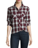 Lilya Long-Sleeve Button-Front Plaid Top, Deep Garnet