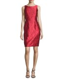 Sleeveless Floral Brocade Sheath Dress, Red
